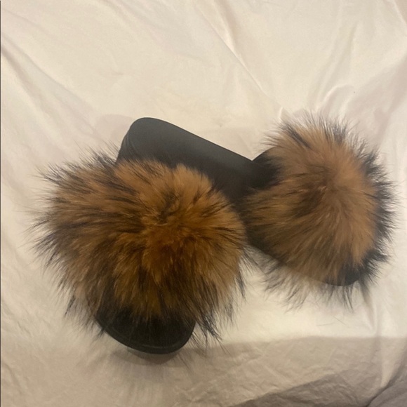 Shoes - Women's Black and Brown Fur Slides